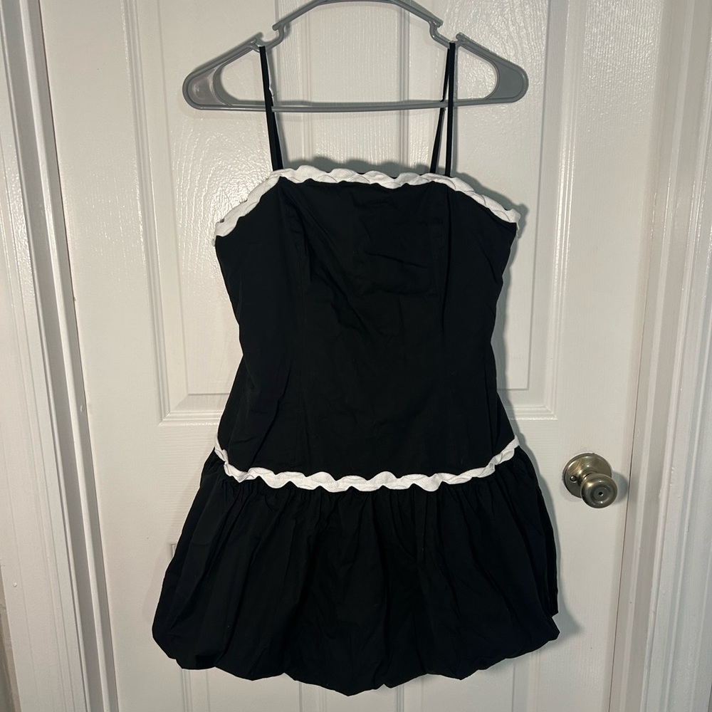 Black Parisian Style Spaghetti Strap Bubble Dress with White ruffle Trim